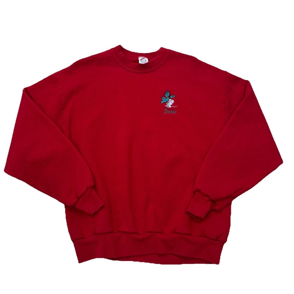 Jerzees Mouse Mistletoe Crewneck Sweater L Red VTG 80s 90s Christmas Denise - Picture 6 of 6